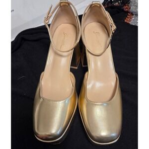 GenShuo Gold Metallic Platform Heels Square Toe Ankle Strap Block Heel Pumps 10